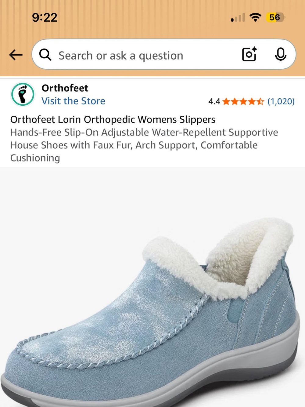OrthoFeet Women’s Faux-Fur Lined Slip-On Slippers — Light Blue